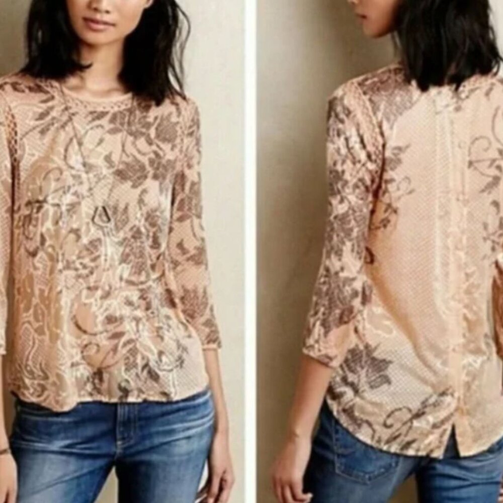 Meadow Rue	| Anthropologie Velvet Tan Peach 3/4 Sleeve Vega Top | Size Small